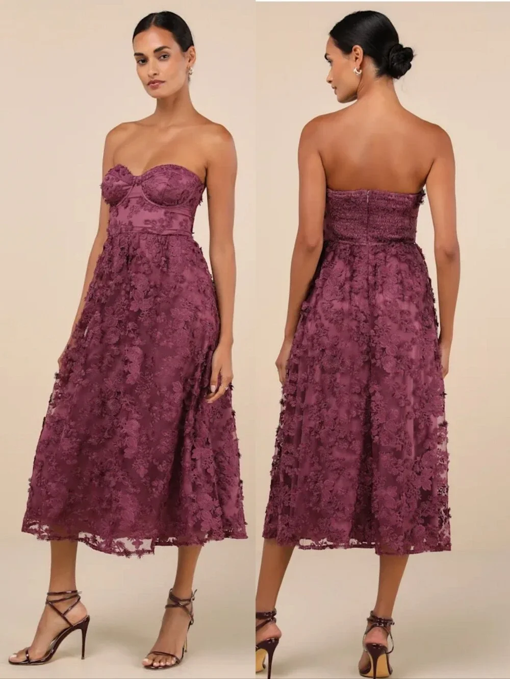 Lulus Quite Perfect Purple Floral Embroidered Strapless Midi Dress Medium